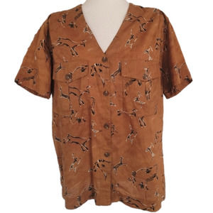 Vintage Brown Button Down Shirt with Animal Print
